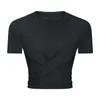 Cross Lu Lu Hem Back Swallow Tail Tops Bandage Sports T-shirt för kvinnor som kör fitness Gymkläder Övning Fashion Crop Shirt