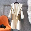 Мода женские шерстяные пальто дизайнерские куртки верхняя одежда сочетания сращивания двухсторонних пальто с капюшоном зимние теплые и тонкие длинные покрытия с поясом высокого качества 3 цвета
