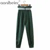 Spring Summer Casual Women Long Trousers Green Fashion Bud Elastic High Waist Harem Pants Female Bottoms with Belt 210604