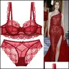 Bras Sets Womens Underwear Apparel Sexy Transparent Bow Set Wine Red Unlined Back Closure Bra For Women Think Lace Adjusted-Straps Drop Deli