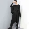 [EAM] 2022 Spring Autumn High Elastic Waist Black Button Split Joint Wide Leg Long Loose Pants Women Trousers Fashion YG2 211216