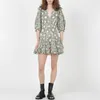 2021 Autumn 3/4 Puff Sleeve V Neckline Green Dress French Style Floral Print Cotton Embroidery Hollow Out Knee-Length Dresses G127031