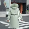 Pelzkragen lange Kapuze Parka Winterjacke Frauen große Tasche verstellbare Taille Baumwolle Liner Mantel drei Möglichkeiten zu tragen 210913