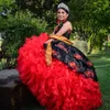 Noir rouge doux 16 robes robes De bal robes De bal brodées perlées Organza volants bretelles Corset robes De Quinceanera robe