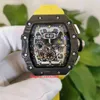 Topselling Top Quality Watches 50mm x 44mm R M 11-03 NTPT Carbon Fiber Yellow Rubber Bands Digital Transparent Mechanical Automatic Mens Men's Watch Wristwatches