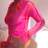 メッシュ・シープルネオンピンクの女性クロップトップス長袖セクシーなホットパッチワークTシャツVネックパーティークラブファッション2020ティー629