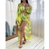 Sexy set da 3 pezzi cinturino bikini crop top + pantaloncini + copertura lunga donna estate stampa floreale costume da bagno in chiffon spiaggia costume da bagno 210621