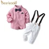 Jongens mode kleding sets jongen kinderen gestreepte jarretelle outfits baby kleding partij bowtie pak casual 210429