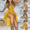 Casual Jurken Dames Floral Print Long Beach Dress Sets Holiday V-hals Solid Crop Top Sheer High Slit Maxi Rok Pak Twee Stuk Vestidos