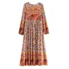 Automne bohème à lacets col en V Floral paon imprimé Maxi longue robe BOHO Hippie femme pansement manches robes Vestido 210429