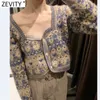 Zeefity vrouwen vintage vierkante kraag bloem print jacquard breien trui vrouwelijke lange mouw chique cardigans jas tops s652 210914