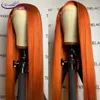 Orange ingefära rak simulatiion mänskliga hår peruker naturliga hårfäste brasilianska syntetiska kroppsvåg spetsar front peruk för kvinnor blekt knut