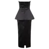 Women Sexy Strapless Satin Black Bodycon Dress Elegant Mid-calf Prom Celebrity Party Vestido 210527