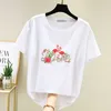 Été coton blanc T-shirt haut pour Femme imprimé fleuri mode à manches courtes Vintage Femme T-shirt décontracté noir T-shirt Femme 210604