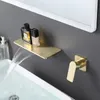 Brushed Gold Brass Basin Faucet Waterfall Output H And Cold Water Wall Mounted Split Independent Switch Taps