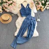 Fashion sexy off-shoulder sling denim vest top with long pants women's high-waist slim-fit straight jeans two-piece suit women 210420