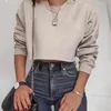 Jesień damska z długim rękawem Top Round Neck Bawełna Solid Color Pullover Panie Crop Bluza Tee S Odkryty Krótka Koszulka 210623