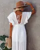 Сексуальные покрытия длинные белые тунические платья повседневное лето пляжное платье женщины плюс размер пляж одежда из ношения платье женщина одежда 210521