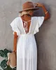 Sexiga täckningar Long White Tunic Casual Summer Women Plus Size Beach Wear Cover Up Dress Woman Clothing 210521