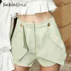 女性のための緑のカジュアルな緩い緩い短いウエストのパッチワークポケットストレートショートパンツ女性夏のファッション服210521