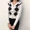 Argyle Button-Down cardigan lavorato a maglia maglioni per le donne manica lunga inverno moda autunno vestiti cappotto coreano crop top femal 210415