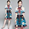 Fashion Bow-neck Floral Printed Female Shirt Vintage Short Sleeve Striped Single-Breasted Women A-Line Dress Vestidos 210416