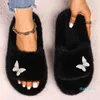 Luxury tofflor Women Fluffy Flip Flops Zircon Butterfly Faux Fur Platform Slides Designer Sandals Skor