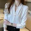 Корейский шифон женские блузки офисные леди белая рубашка с длинным рукавом рубашки женщины v шеи блузка плюс размер blusas mujer de moda 210531