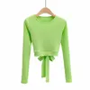 Women's T Shirts Spring Fashion Hedging Round Neck Long Sleeve Back Bow Tie High Waist Open T-shirt Top Women Women's