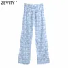 Women Vintage Blue Geometric Print Straight Pants Office Ladies Zipper Fly Chic Business Casual Long Trousers P1031 210416