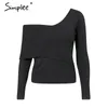 One shoulder long sleeve knitted women sweater top Softly cotton pullovers streetwear Casual autumn winter jumpers 210414