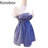 Korobov hajuku slog färg patchwork kvinnor klänning koreanska streetwear höga midja kvinnliga klänningar o nacke kortärmad vestidos 210430