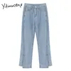 Yitimuceng slit jeans för kvinnor plus storlek hög midja rakt denim byxor mamma knapp full längd oregelbundna bekväma kläder 210601
