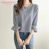 Aelegantmis losse linnen vrouwen plaid blouses o hals kraag drie kwart ruche mouw pullover tops dames casual shirts 210607