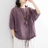 Sommarkonst Stil Kvinnor Batwing Sleeve O-Neckt-Shirt Drawstring Design Bomull Lös Tee Femme Toppar Stor storlek M121 210720