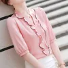 Half mouw roze chiffon shirt vrouwen zomer high-end temperament ruches v-hals blouses kantoor dames formele werk tops 210604