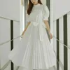 Sweet Puff Short Sleeve Pleated Dresses for Women Chic Bow Design Summer Dress Stand Collar Bandage Vestidos Mujer 210514