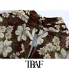 Traf女性のファッション花のプリントクロップされたブラウスヴィンテージハイネック長袖バック弾性裾の女性シャツシックなトップス210415