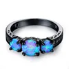 Exquisite Female Round Blue Fire Opal Fashion Ring Black Gold Filled Wedding Rings for Women Vintage Jewelry Anillos Mujer Q0708