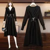 Plus Size Women Autumn Winter Long Sleeve Solid Color Sticke Dresses Women Vintage Elegant Black High midja A-line klänningar Y1006