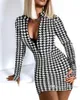 Casual Dresses Shirt Women Plaid Fashion Classic Kläder Långärmad Zipper V-Neck Kjol Hög midja Slim Bodycon Dress