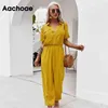 Solid Casual Bodysuit Dames Mode Turn Down Collar Korte Mouw Jumpsuit Holiday Elastische Taille Ladeis Overalls 210413