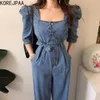 Korjpaa Kvinnor Jumpsuits Sommar retro temperament Square Collar Metal Knapp Spets Dubbel Pocket Puff Sleeve Denim Jumpsuit 210526