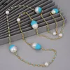 Pendanthalsband JK Natural 43 "White Keshi Pearl Blue Crystal Pave Chain Long Sweater Halsband för kvinnor