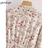 Spring Women Floral Print Midi Dress Female High Neck Long Sleeve Elastic Waist Casual Prairie Chic Vestido 210430