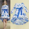Elegante stijl topkwaliteit dames chiffon jurk baljurk jacquard jurken flora gedrukt blauw en wit porselein patroon