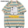 Men Streetwear Striped T-Shirt Embroidery Flocking Bear Print T Shirt Harajuku Cotton Summer Short Sleeve Tshirt Casual Top 210601