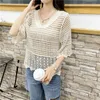 Summer Lady's Short Sleeve Blouse Sexy Hollow Out White Shirt Women Hook Floral Top Female Sunscreen Blusas 14458 210521