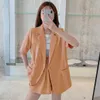 Yaz Katı Renk Kadın Şort Takım Elbise Ince Mor Kısa Kollu Blazer Chic Casual İki Parçalı Set Outfit 210514 Suits