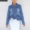 Långärmad jeansjacka Kvinnor Vintage Stitching Kläder Mode Casual Streetwear Ruffles Chaquetas de Mujer 210515